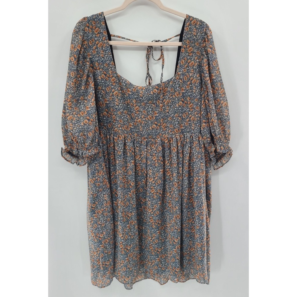 Arula Womens Floral Smocked Babydoll Dress XL Blue-Gray Orange Puff Sleeves